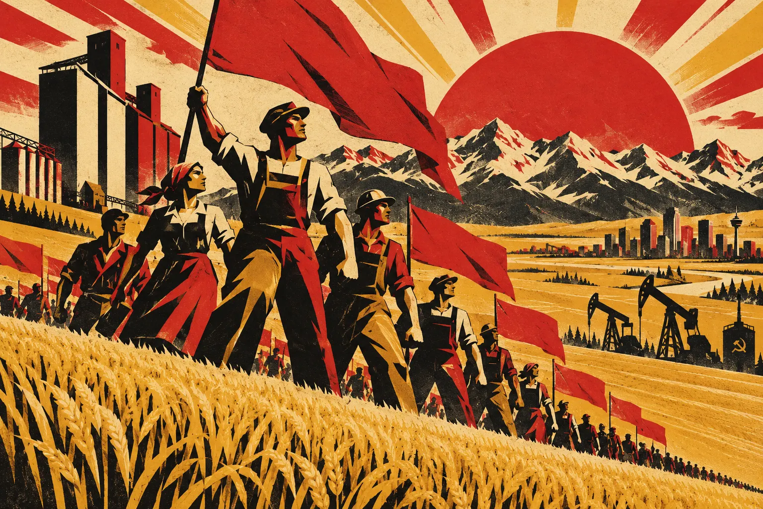 Constructivist poster of workers marching across the Alberta prairie toward a red sun